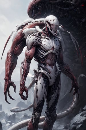 (masterpiece, best quality, movie still, extremely detailed, HD, 8K),(1man),(solo,alone),((alien shedding his white and red skin)),(((big tail))),(((extra arms appendages alongside arms))),((clean clear background)),standing,r1ge,mecha helmet