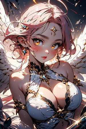 Masterpiece, best quality, extremely detailed, crystal eyes, yellow eyes, 1girl, pink hair, wings, angel, angelic clothes, large breasts, cleavage, shiny halo over head, lipstick, 