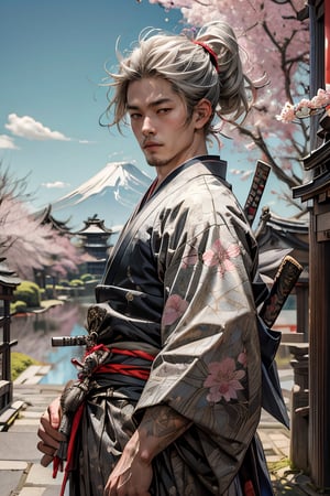 (1boy, solo), young, 25yo, silver hair, samurai clothing, short hair, pony tail, detailed eyes, (edo period, japan), (outdoors), cherry blossom pathway, detailed bacground, looking at viewer, intricately detailed, soft light,  dutch angle
