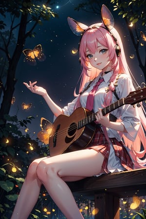 (masterpiece, best quality, highres:1.3),  1girl, animal ears, pink hair, kawaii,  long hair, lute,cute face, musical,  (music notes floating in the ar), fantasy, harmony, melody, soft, night time, (fireflies:1.3), (serene background:1.3), vivid color, sitting, (magical, musical aura:1.3), smile softly, forest, leaf, bird on head, nature, sitting