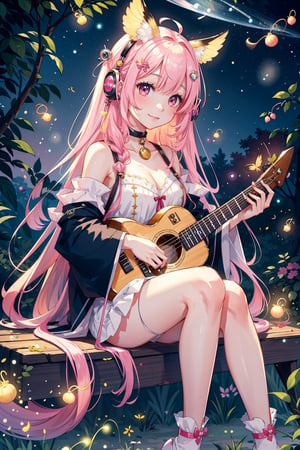(masterpiece, best quality, highres:1.3),  1girl, animal ears, pink hair, kawaii,  long hair, lute,cute face, musical, harp,  (music notes floating in the ar), fantasy, harmony, melody, soft, night time, (fireflies:1.3), (serene background:1.3), vivid color, sitting, (magical, musical aura:1.3), smile softly, forest, leaf, bird on head, nature, sitting