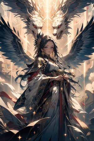 (masterpiece, highres:1.3), A girl with highly detailed, ethereal wings, that shimmered with intricate patterns and feathers. floating over an army, extremely detailled, god rays, High detailed ,glitter,Color magic,midjourney