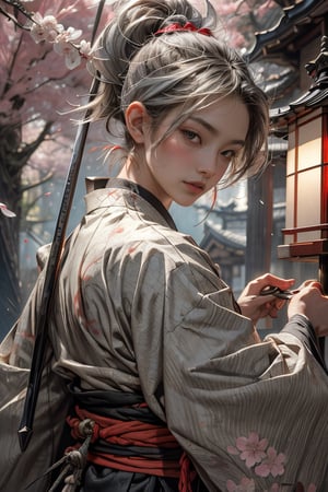 A Man, young, 25yo, silver hair, samurai clothing, short hair, pony tail, detailed eyes, (edo period, japan), (outdoors), cherry blossom, detailed bacground, looking at viewer, intricately detailed, soft light,  dutch angle