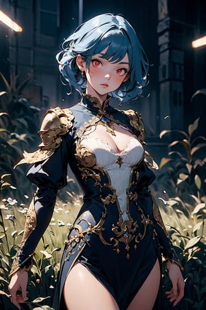 Masterpiece, best quality, extremely detailed, 1girl, red eyes, blue hair, intricate clothes, meadow, fantasy creatures, Cinematic lighting, cowboy shot.