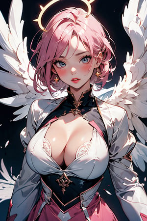 Masterpiece, best quality, extremely detailed, 1girl, pink hair, wings, angel, angelic clothes, large breasts, cleavage, shiny halo over head, lipstick, 
