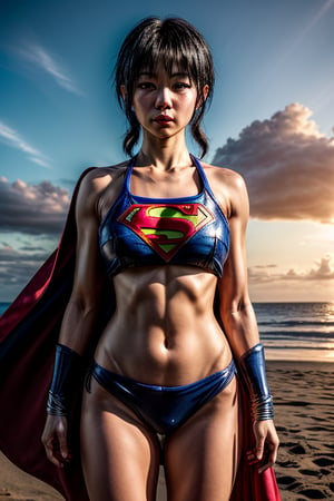 (looking at viewer:1.2), award winning upper body portrait of Supergirl , blue eyes, sunkissed skin, (black crop top and black bikini bottom), midriff, navel, wide hips, (small breasts:1.1), | beach, tropical island, ancient world, sunset, starry sky, sky full of clouds, saturated colors, hyperealistic shadows, | bokeh, depth of field, | ,3DMM,niannian,flaccid,son goku,iu1,LuxuriousWheelsCostume,  silver dress,