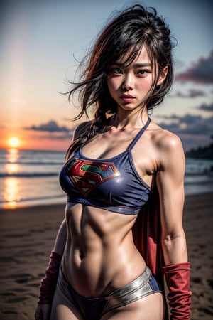 (looking at viewer:1.2), award winning upper body portrait of Supergirl , blue eyes, sunkissed skin, (black crop top and black bikini bottom), midriff, navel, wide hips, (small breasts:1.1), | beach, tropical island, ancient world, sunset, starry sky, sky full of clouds, saturated colors, hyperealistic shadows, | bokeh, depth of field, | ,3DMM,niannian,flaccid,son goku,iu1,LuxuriousWheelsCostume,  silver dress
