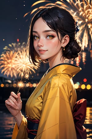 Masterpiece, best quality, a girl, raw photo, 18yo, kimono, blush, smile, yellow eyes. nightsky, fireworks background, extremely detailed, best illumination, camera flash.