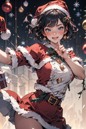 best quality, detailed skin, detailed face, 1girl, low teen, school girl, (clear face:1.1), santa costume(laugh, windy, cowboy shot, (wearing clothes:1.3), hair accessory, short cut, (Christmas illumination room, bright background:1.2), volumetric lighting, atmospheric, pointing, lifting skirt, dynamic pose, active pose, five fingers


,HIGHLY DETAILED