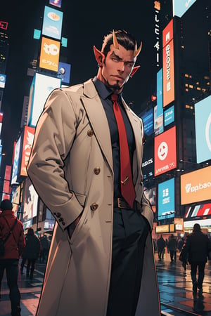 Masterpiece, best quality, 1boy, diablo, red skin, BREAK, pointy ears, coat, shirt, tie, muscular, outdoors, time square, Manhattan, cowboy shot