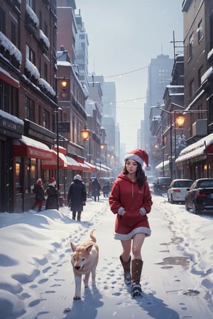 masterpiece, best quality, illustration| 1girl, long hair, Santa hat, walking, Snowy, | outdoors, city, hoodie, cowboy shot.