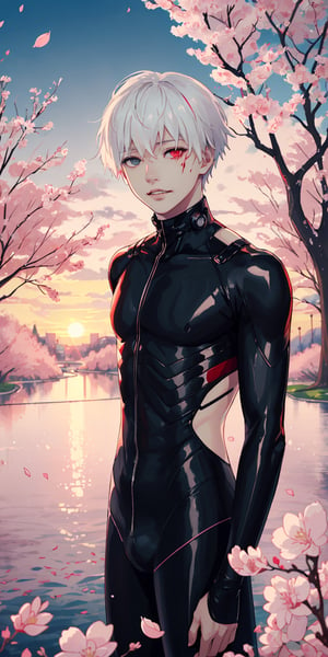 ((masterpiece, best quality)), 1boy, Kaneki ken, black hair, white hair, (heterochromia red and black eye), mask | teeth, blood eyes, bodysuit), waiting, outdoors, cherry blossom pathway, (pink petals floating), depth of field, sunset, from above, dutch angle, (intricately detailed).