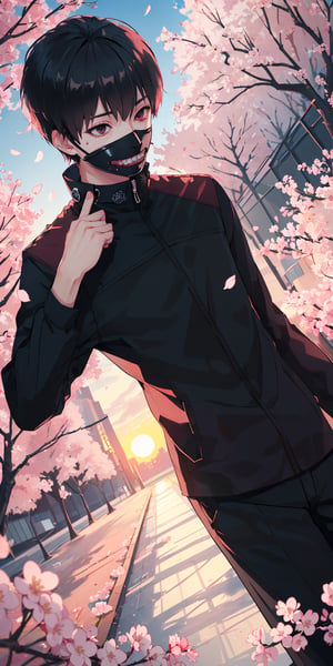 ((masterpiece, best quality)), 1boy, Kaneki ken, black hair, red and black eye, mask | teeth, blood eyes, black clothes), waiting, outdoors, cherry blossom pathway, (pink petals floating), depth of field, sunset, from above, dutch angle, (intricately detailed).