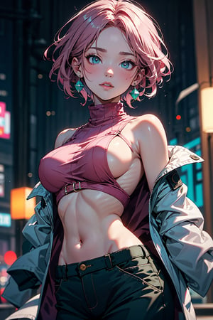 masterpiece, best quality, ultra detailed, 1 girl, short hair, heavy makeup, green eyes, turtleneck, underboob, white jacket, earrings, night view, (two tone pink and green hair), depth of field, off shoulders, (bokeh: 1.3), hot_pants,HIGHLY DETAILED,Film grain 