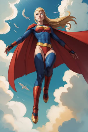  masterpiece, best quality, a girl, blonde, super girl, cape, flying, sky, clouds, from below, 