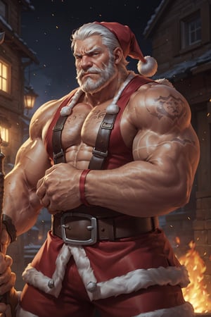 HIGHLY DETAILED, masterpiece, best quality, a man, Santa Claus, mature male, old man, sideburns, eye patch, silver hair, furr trim, sleeveless, arm tattoo, rude, annoyed, holding weapon, huge muscles, cowboy shot. 