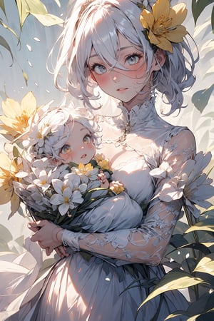 A girl with long, long white hair, wearing white blindfolds, blue lace and silk dress, open eyes, yellow eyes, holding a baby, white_skin, on a flowery background with several flowers around, in linear cinematic lighting.,HIGHLY DETAILED
