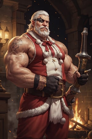 HIGHLY DETAILED, masterpiece, best quality, a man, Santa Claus, mature male, old man, sideburns, eye patch, silver hair, furr trim, sleeveless, arm tattoo, rude, annoyed, holding weapon, huge muscles, cowboy shot. 