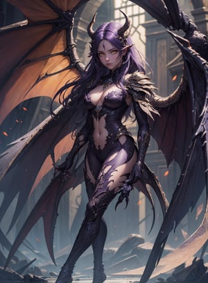 HIGHLY DETAILED, RAW, bokeh, 1girl, demon, (purple skkin), yellow eyes | floating   overlooking an army of dead,  wings, rom below, front view, (full body:1.2), facing viewer, horror scene, undrerworld 