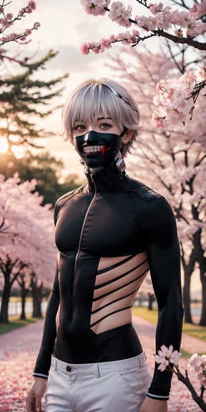((masterpiece, best quality)), (1boy, male focus, solo), Kaneki ken, silver hair,  BREAK, (heterochromia red and black eye), ((mask)) | teeth, blood eyes, bodysuit), waiting, outdoors, cherry blossom pathway, (pink petals floating), depth of field, sunset, dutch angle, (intricately detailed).