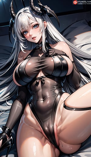 masterpiece, best quality, high quality, absurdres, ultra-detailed, dynamic pose:1, sexy pose:1, sexy girl, lying down, lying down:1, succubus, succubus costume, sexy costume, huge breasts, thick thighs, detailed, sexy, 1 girl, legs up: 1, More Detail,High detailed ,yuzu, brown skin:1, dark skin, gyaru:1.5, white hair:1, black skin, see-through leotard, high heels,More Detail