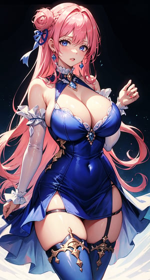 masterpiece, best quality, 1girl, solo, dorothy \(nikke\), Pink hair:1, cowboy shot, cleavage, bodycon dress, tight dress, 1girl, supermodel, dorothy \(nikke\), sexy body, huge body, dress, ((long dress)), ((royal blue frosted dress:1.5)), frosted dress:1.5, thighhighs, gater belt, gater straps,