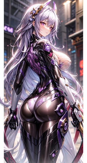 [(Transparent Background: 1.5)::5],(((Masterpiece))),(((Best Quality))),(((Extremely Detailed))), Illustration, (High Resolution), High Quality, Perfect Line Art, 1 Girl, (accurate helmet) ((Huge Breasts:1.5)), looking at viewer, purple eyes, very long hair, braid, intense purple hair, (Wide Hips), Milf:1, Mature Woman, Small Waist:1.2, Curvy:1, Sexy, Defined Body:1.2, beautiful detailed face, red eyes, underwear slightly exposed, detailed eyes, hyper, slight smile, blushing, highly detailed, beautiful, small details, ultra detailed, best quality, intricate, 4k, 8k, nice anatomy, beautiful lighting ((sexy pose:1)), dinamyc pose, mechanical, cowboy shot, (translucent skin:1.5), leotard ,((purple and 
biue bodysuit:1.5)) ,raidenshogundef, ,raidenshogunrnd, (((view from back))), White background, mecha, mecha girl