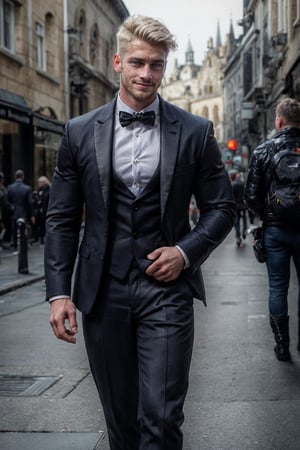 (Handsome model face:1), (vintage atmosphere:1) (com mãos perfeitas), (pale skin:1.3),  candid photograph,(huge muscles) 18 yo man, blonde, wearing a tuxedo, stubble, (nerd), (walking) (city) (outside a church), blue eyes, wavy haircut, cute face, pale skin tone, (detailed realistic face), scratches, Masterpiece, seductive male, smirk, looking at viewer, outdoors, medium full shot, (freckles), (perfect eyes), (natural eyes), bokeh, HDR, raw photo.