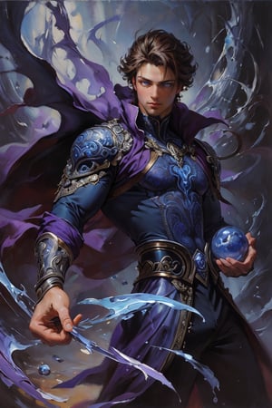 best quality, masterpiece, intricate details, dynamic pose, dynamic angle, (surreal), (illustration), ((oil painting \(medium\):1.2)), a man casting purple magic, blue shiny eyes, looking at viewer, male focus, solo, 