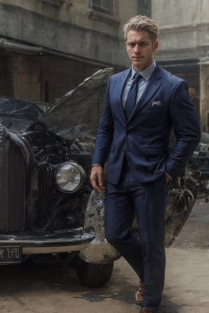 Masterpiece, a man wearing an elegant suit, standing next to a car.