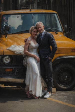 Masterpiece, a man and a woman wearing  elegant clothes, standing next to a car.