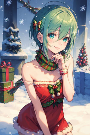 (Theme is summer Christmas:1.4), (masterpiece,best quality, Delicate detailing:1.4), Sideways Angle, a cute girl with scarf, aqua hair, pixie hair cut, wears a christmas costume, happy smile,  Shiny hair and skin, Blessing atmosphere, (snowy landscape)
