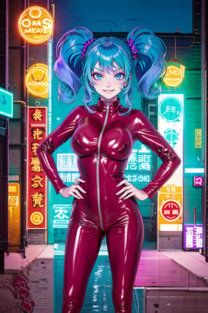 (masterpiece),  1girl,  best quality,  expressive eyes,  perfect face,  large breasts,  (young woman),  mega twintails,  (light purple hair BREAK) blue eyes BREAK mega twintails, outdoors, ciber city, streets, sunset sky, latex bodysuit, purple suit, smirk, hands on hips, grin ,neon light