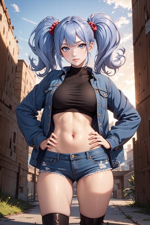 (masterpiece),  1girl,  best quality,  expressive eyes,  perfect face,  large breasts,  (young woman),  mega twintails,  (light purple hair BREAK) blue eyes BREAK mega twintails, sunset sky, checkered shirt, orange shirt BREAK torn shorts, blue shorts BREAK knee Boots, brown Boots BREAK blue jacket BREAK midriff, from below, looking down, :/, lips, grass, outdoors, glaring, standing, hands on hips 