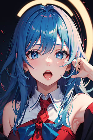 (masterpiece), best quality, expressive eyes, perfect face, 1girl, solo, blue hair, red bowtie, blue shirt, open_mouth, neck_tie