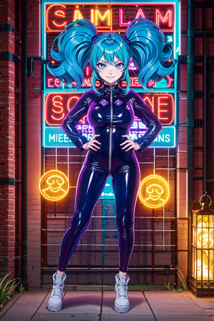 (masterpiece),  1girl,  best quality,  expressive eyes,  perfect face,  large breasts,  (young woman),  mega twintails,  (light purple hair BREAK) blue eyes BREAK mega twintails, outdoors, ciber city, streets, sunset sky, latex bodysuit, purple suit, smirk, hands on hips, grin ,neon light