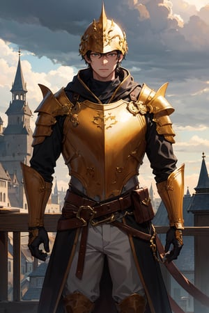 (masterpiece), best quality, perfect face, 1boy, young boy, helmet covering His head, detailed golden armor, red gloves, black hair, cloudy background, castle outskirts, standing 