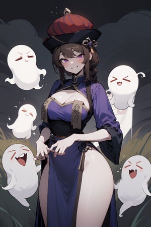 (masterpiece), 1girl, solo, best quality, expressive eyes, perfect face, sketch style, mature female, large breasts, brown hair BREAK braid, slim body, purple eyes BREAK cleavage cutout, standing, ((pale skin)), china dress, purple dress, jiangshi, qing_guanmao, hat, pelvic curtain, graveyard, (dark sky, dark clouds), moon, grass, little cute ghosts, smile, grin, half closed eyes, facing_viewer 