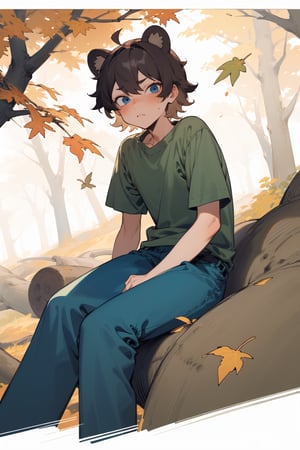 (masterpiece), 1boy, solo male, best quality, expressive eyes, perfect face, sketch style, (sfw), best quality, kemonomimi, bear ears, animal ears, brown hair, short hair, messy_hair, blue eyes BREAK freckles, green shirt BREAK (little boy, young boy), blue pants BREAK grass, looking_at_viewer, blush, sitting on log, autumn leaves, Autumn forest, trees, landscape 