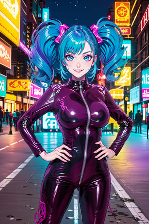 (masterpiece),  1girl,  best quality,  expressive eyes,  perfect face,  large breasts,  (young woman),  mega twintails,  (light purple hair BREAK) blue eyes BREAK mega twintails, outdoors, building, ciber city, streets, night sky, latex bodysuit, purple suit, smile, hands on hips, grin ,neon light