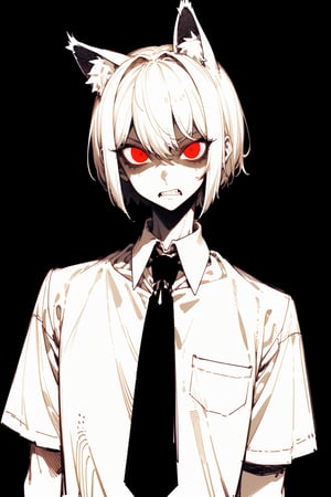 (masterpiece), 1boy, solo male, best quality, emotionless eyes, perfect face, sketch style, best quality, kemonomimi, cat ears, animal ears, white hair, short hair, bob_cut , red eyes BREAK (pale skin:1.2), (handsome boy, adult man), dark aura, (black background, simple_background), formal outfit, short sleeves, white shirt, necktie, standing, looking at viewer, glaring, open_mouth, sharp teeth, glow_in_the_dark, glowing eyes 