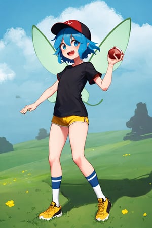 (masterpiece), 1girl, best quality, expressive eyes, perfect face, tomboy, (Fairy:1.2), blue fairy wings, short hair, (blue hair:1.2), red baseball cap, open mouth, black shirt, shorts, yellow shoes, small breasts, standing, grass