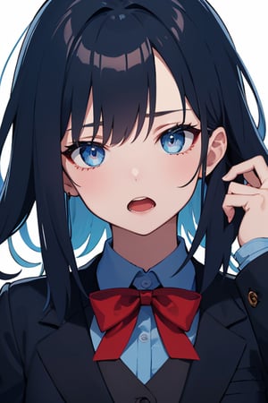 (masterpiece), best quality, expressive eyes, perfect face, 1girl, solo, blue hair, red bowtie, blue shirt, open_mouth, neck_tie
