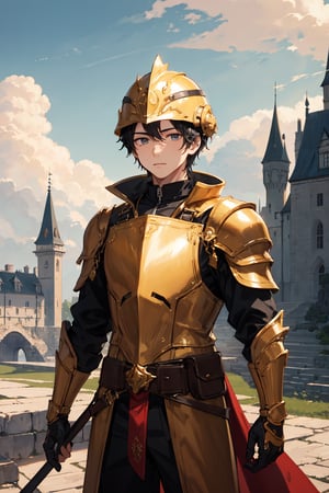 (masterpiece), best quality, perfect face, 1boy, young boy, helmet covering His head, detailed golden armor, red gloves, black hair, cloudy background, castle outskirts, standing 