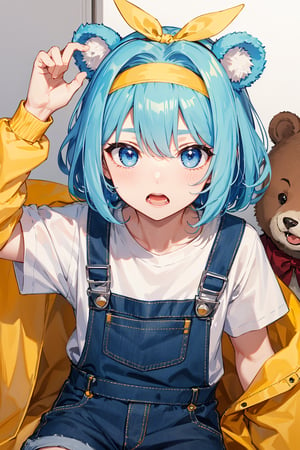 (masterpiece), best quality, expressive eyes, perfect face, 1boy, light blue hair, Bear ears, yellow headband, fat boy, white shirt, overalls, open mouth 