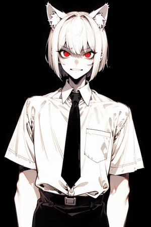 (masterpiece), 1boy, solo male, best quality, emotionless eyes, perfect face, sketch style, best quality, kemonomimi, cat ears, animal ears, white hair, short hair, bob_cut , red eyes BREAK (pale skin:1.2), (handsome boy, adult man), dark aura, (black background, simple_background), formal outfit, short sleeves, white shirt, necktie, standing, looking at viewer, glaring, grin, looking_at_viewer