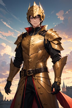 (masterpiece), best quality, perfect face, 1boy, young boy, helmet covering His head, detailed golden armor, red gloves, black hair, cloudy background, castle outskirts, standing 
