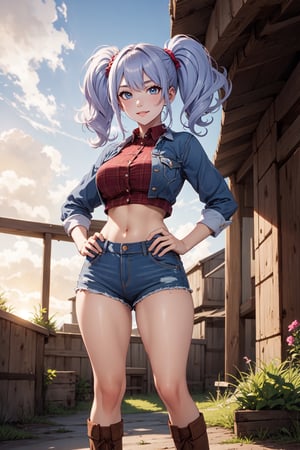 (masterpiece),  1girl,  best quality,  expressive eyes,  perfect face,  large breasts,  (young woman),  mega twintails,  (light purple hair BREAK) blue eyes BREAK mega twintails, sunset sky, checkered shirt, orange shirt BREAK torn shorts, blue shorts BREAK knee Boots, brown Boots BREAK midriff, barn yard, smile, lips, grass, farm, hips, one hand on hip and another one behind head 