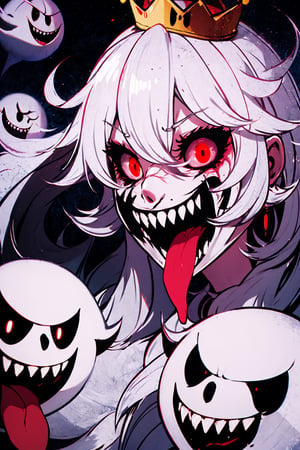 booette, Princess king Boo ,Exe, horror, Highly detailed, High Quality, Masterpiece, beautiful, solo, 1girl, Exe, , teeth, horror (theme), red eyes, smile, sharp teeth, glowing, dark, tongue, grin, glowing eyes, evil smile, 