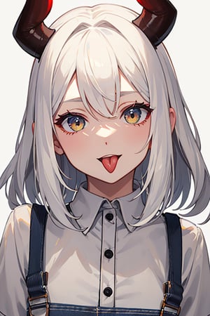 (masterpiece), best quality, expressive eyes, perfect face, 1girl, solo, demon girl, white hair, yellow horn, white shirt, red overalls, closed_mouth, tongue out, :p